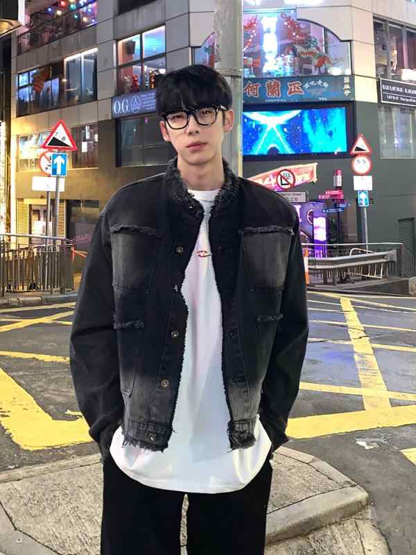 デニムジャケット メンズ 韓国 ストリート 肩パッド スタンドカラー ウォッシュド オールド ブラック ブルー 秋 長袖 アウター カジュアル おしゃれ Gジャン｜フロントップ店