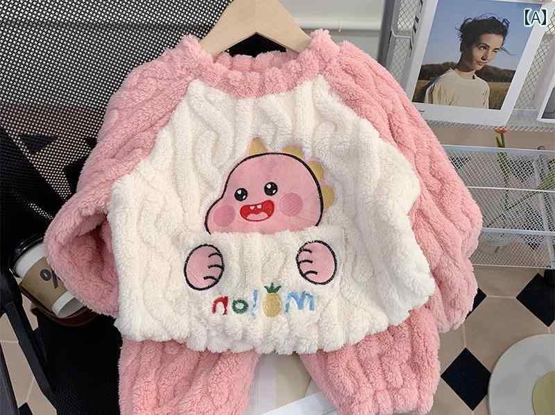 パジャマ キッズ 女の子 子供 長袖 秋冬 厚手 ルームウェア 部屋着 もこもこ 暖かい 起毛 かわいい フランネル 恐竜 ピンク 緑
