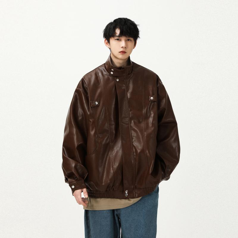 メンズ レザージャケット コーデ バイク 服 オートバイ ツーリング レジャー ルーズ ゆったり PU 秋 ストリート カジュアル スタンドカラー 大きいサイズ 黒 茶｜フロントップ店