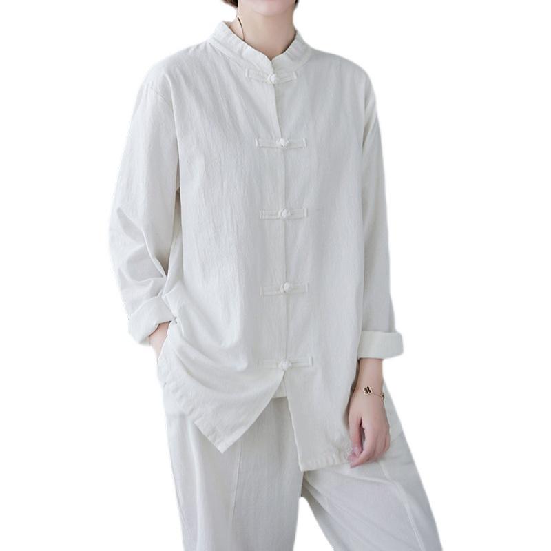 太極拳 服 レディース トップス チャイナ風 レトロ 綿 麻 ロング パンツ 長袖 半袖 ソフト 薄手 セット ルームウェア 大きいサイズ リラックス 青 白