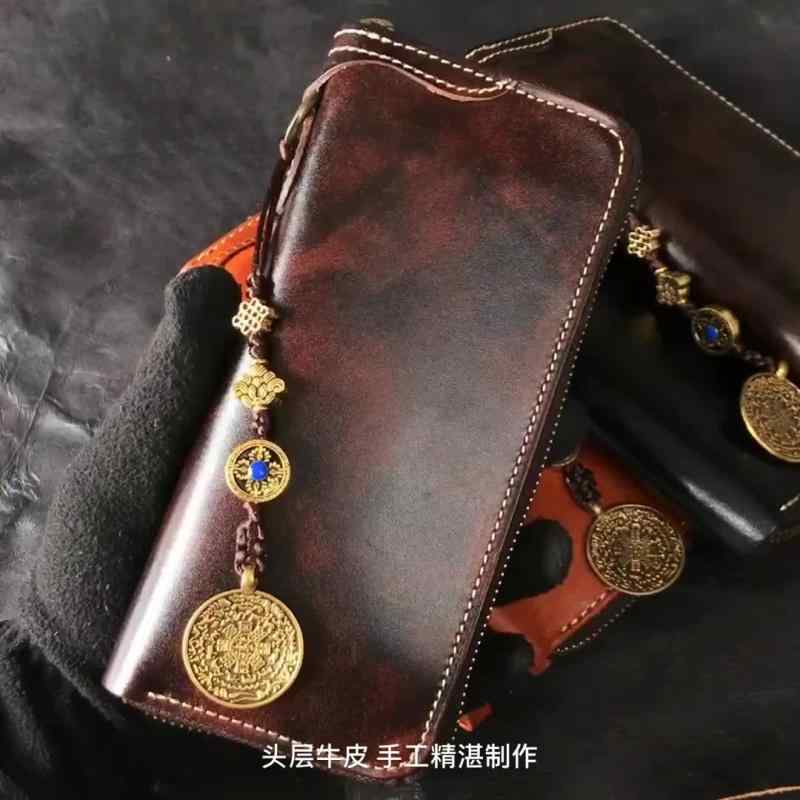 財布 革 ハンドメイド レトロ おしゃれ メンズ スマートフォン ジッパーポーチ ロング ハンドバッグ リング付き 黒 茶 シンプル 無地|フロントップ店