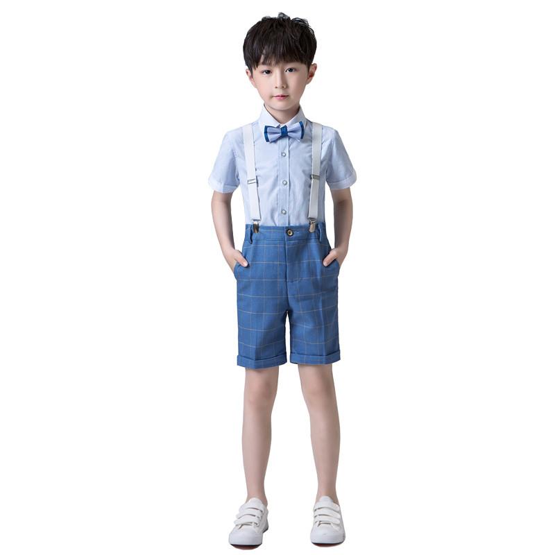 男の子 子供スーツ フォーマル キッズ 礼服 卒業 入学 結婚式 七五三 スリーピース 夏 半袖 シャツ 半ズボン サスペンダー 蝶ネクタイ カジュアル おしゃれ 白 青