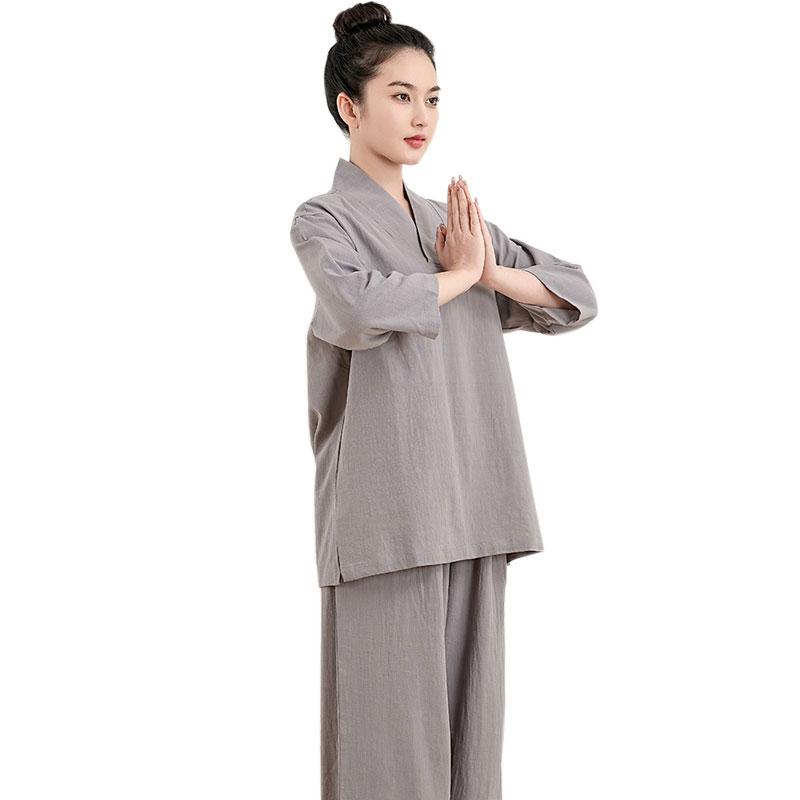太極拳 服 レディース トップス 瀬戸もの風 綿 麻 気が大きい大きさ 裾絞り ズボン下 仕掛ける ゆったり 動き分かりやすい 作務衣 お部屋お召しもの 伸び伸びする 青 薄墨色 茶