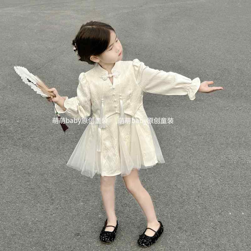 ワンピース 女の子 チャイナ風 キッズ 春 チュールスカート スタンドカラー タッセル ビジュー 膝丈 Aライン 長袖 ゴム シンプル かわいい