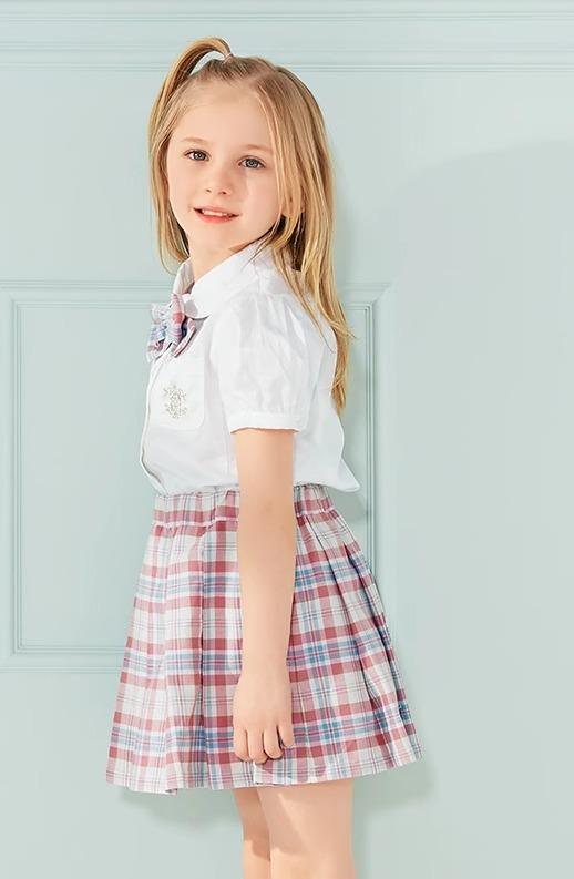 制服風 衣装 キッズ 女の子 ベビー 子供服 ジュニア JK セットアップ プリーツ スカート カレッジ スタイル 夏 半袖 フリル リボン チェック柄 アイボリー｜フロントップ店 8,064円