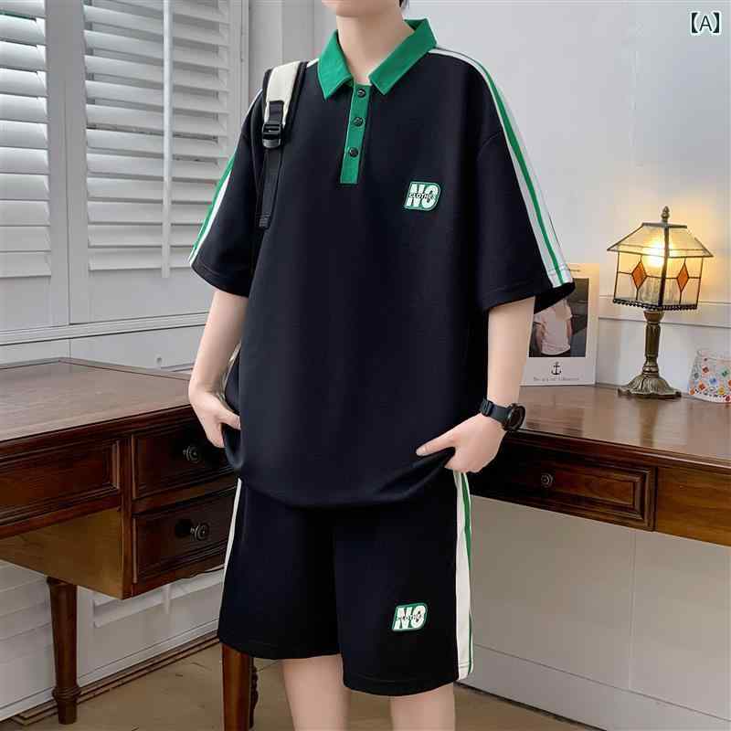こども ポロシャツ 半袖 夏 レジャー 男の子 中学生 スポーツ 上下セット ハーフパンツ 通気性 吸汗性フィット 柔らか 伸縮性 大きいサイズ カジュアル レタープリント ワンポイント 薄手 冷感 黒 白 緑