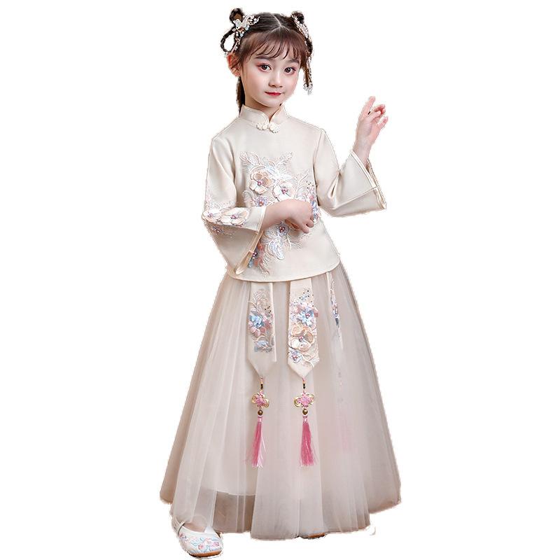 チャイナドレス 子供 春秋 女の子 キッズ ジュニア 中国風 伝統的 旗袍 シフォン チュール Aライン スカート マキシ丈 タッセル 刺繍 発表会 結婚式 シンプル エレガント シャンパン 花柄|フロントップ店