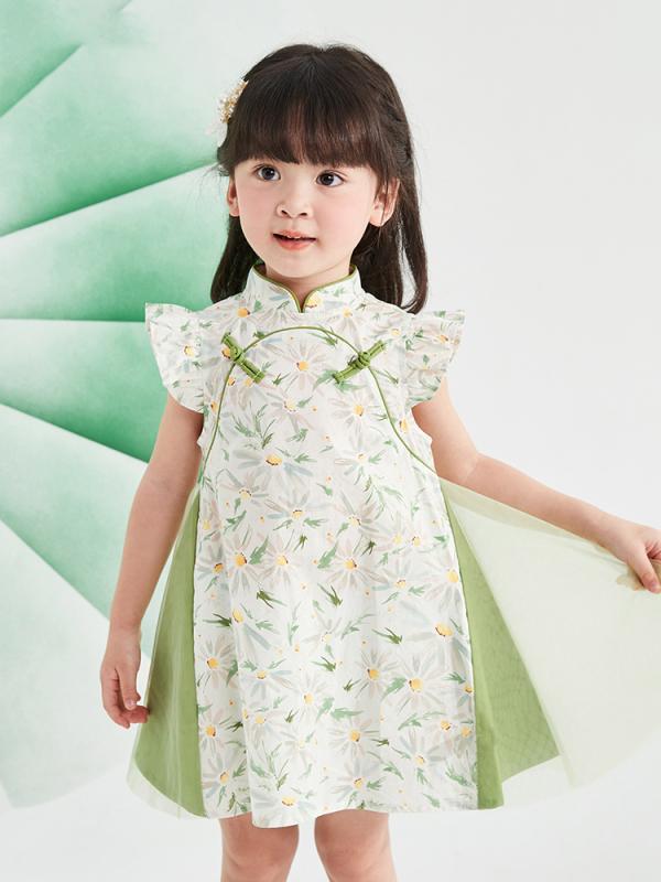 チャイナドレス 子供 女の子 キッズ ベビー 中国風 漢服 スカート シフォン ノースリーブ フリル 通気性 発表会 結婚式 記念日 舞台 衣装 シンプル かわいい エレガント 紫 緑 花柄|フロントップ店