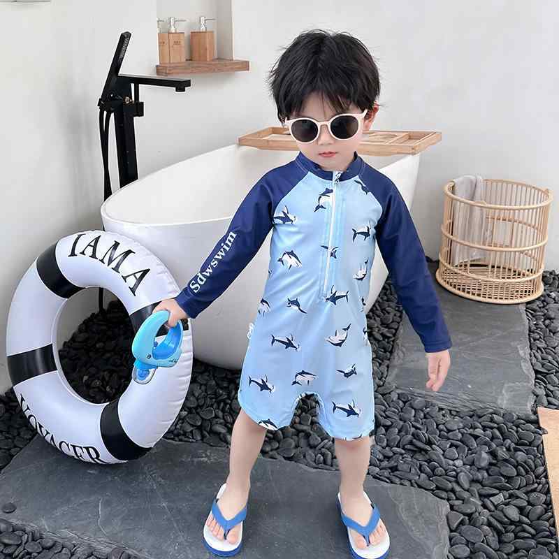 水着 キッズ 男の子 ベビー 子供 ワンピース おしゃれ ファスナー 日焼け防止 長袖 ハーフパンツ ラッシュガード 柔らかい イルカ 青