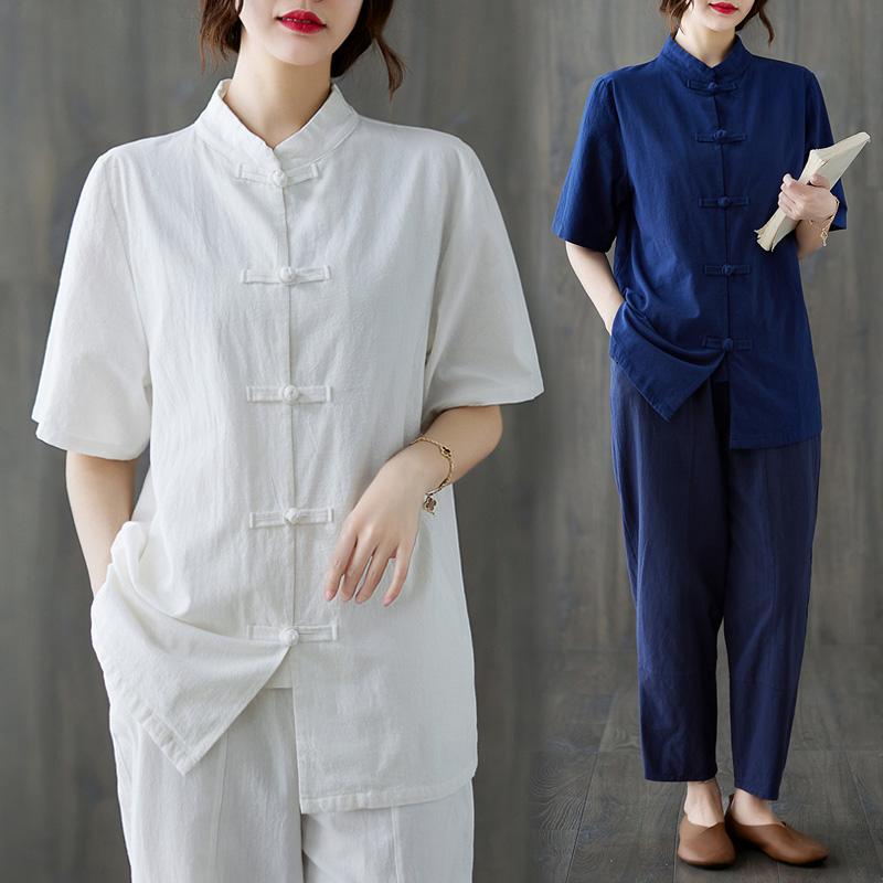 太極拳 服 レディース トップス チャイナ風 レトロ 綿 麻 ロング パンツ 長袖 ソフト 薄手 セット ルームウェア 大きいサイズ リラックス 青 白