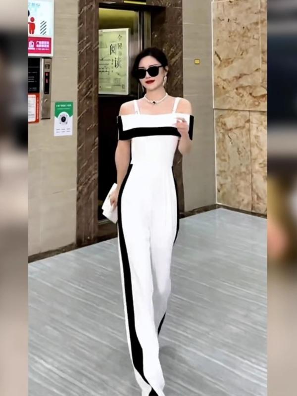 オールインワン レディース ロングパンツ ワイドレッグ オフショルダー ハイウエスト おしゃれ 個性的 セクシー バイカラー モノクロ 白