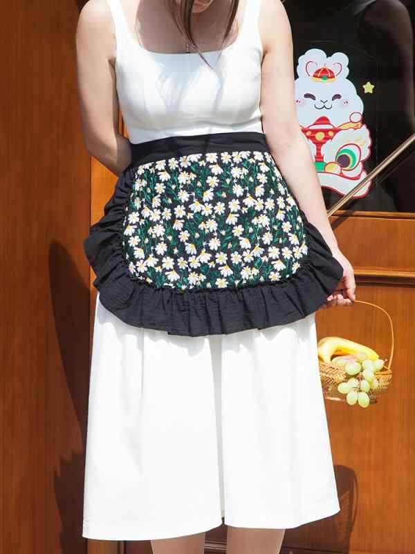 ショートエプロン レトロ おしゃれ レディース ハーフ 後ろ結び 袖なし フリル 刺繍 コットン リネン 韓国 前掛け 通気性 防汚 キッチン 家事 ガーデニング レストラン カフェ 花屋 保育士 ガーリー 花 デイジー ブラック ベージュ