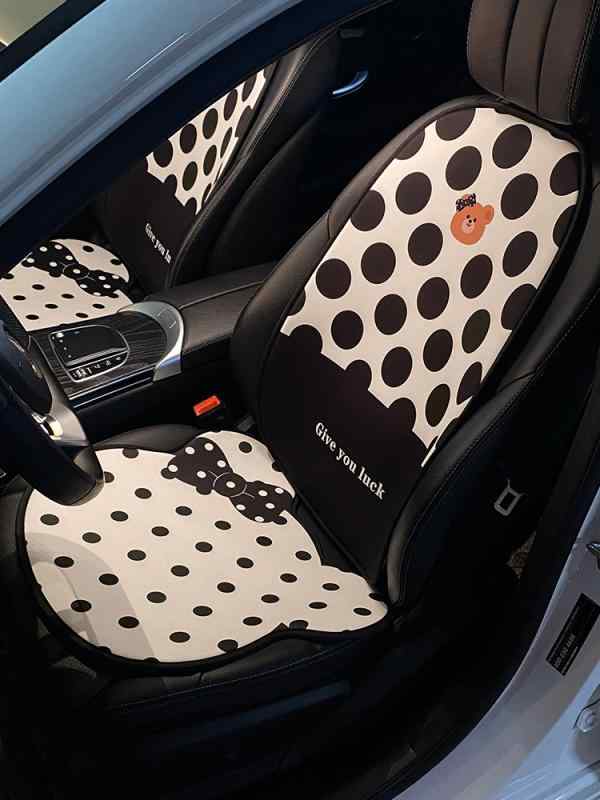 車 クッション シート カバー 夏 座席 フロント リア 座面 背もたれ ヘッドレスト 装飾 カー用品 アクセサリー 通気性 接触冷感 個性的 かわいい 白 黒 ドット柄 クマ|フロントップ店