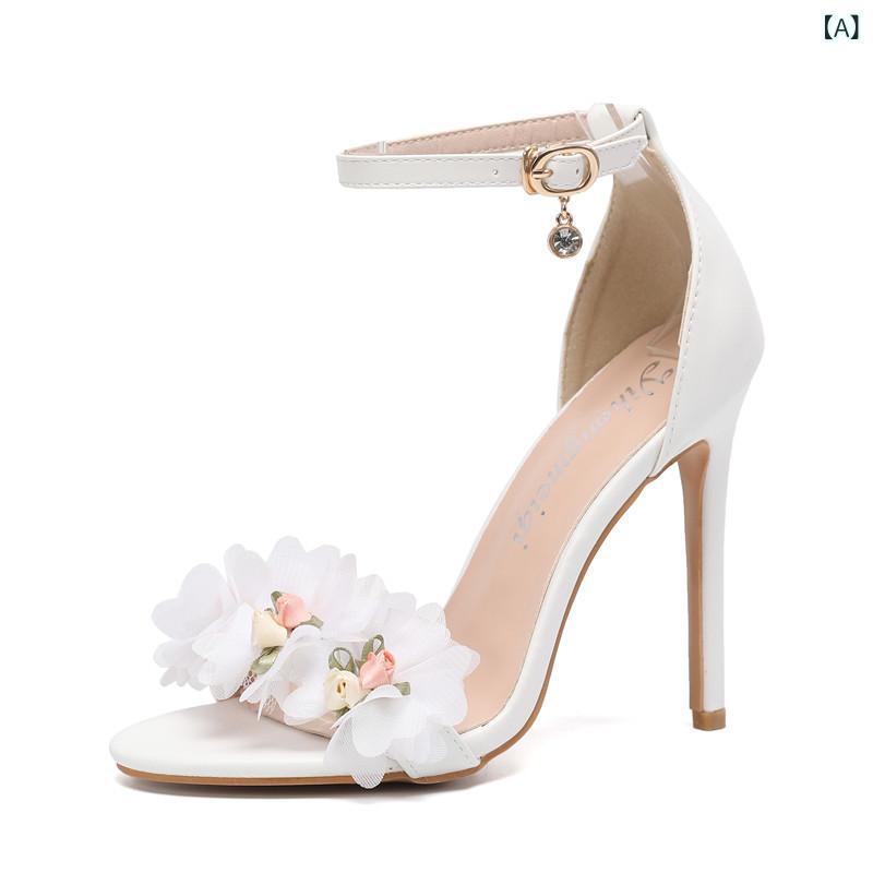 サンダル レディース ハイヒール アンクルストラップ パーティー 結婚式 キャバ ドレス フラワーモチーフ 花柄 バックル オープントゥ 合成革 フェイクレザー 通気性 セクシー エレガント 高級感 美脚 脚長 白 春夏