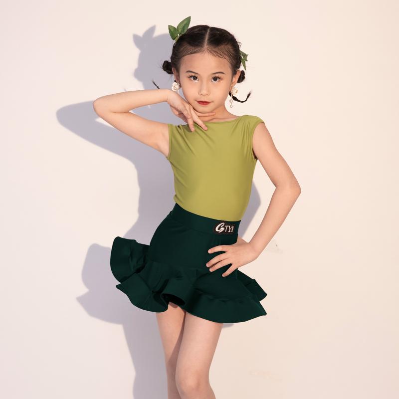 ラテン ダンス 衣装 キッズ パフォーマンス 演技 踊り 発表会 女の子 タンクトップ レオタード スカート セット バック オープン シンプル 無地 グリーン