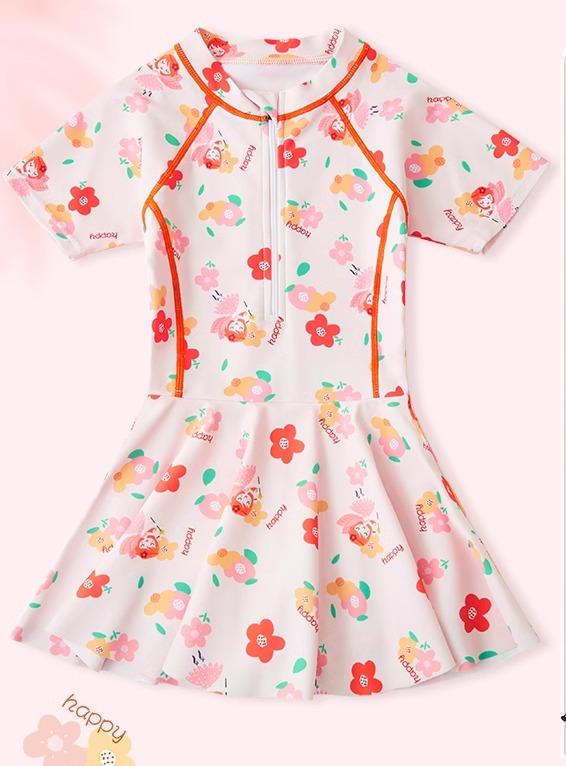 水着 ワンピース キッズ 女の子 半袖 ハーフジップ 体型カバー 日焼け防止 かわいい 花柄 プール 海 ゴーグル 水泳帽 収納袋 アームリング インナーパンツ