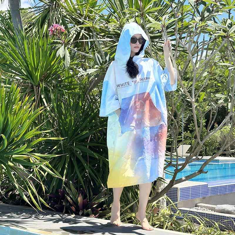 お着替えポンチョ 大人用 ユニセックス 吸水 速乾 日焼け防止 ビーチ タオル バスローブ フード サーフィン 海 プール レジャー おしゃれ サメ
