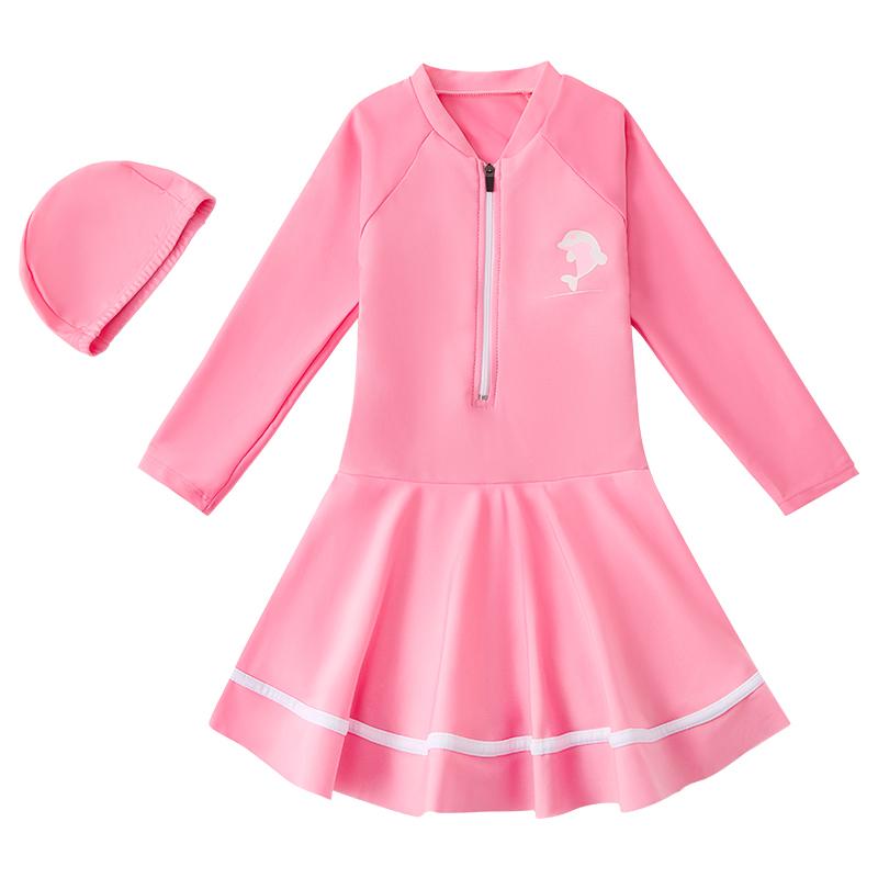 水着 ワンピース キッズ 女の子 日焼け防止 長袖 半袖 ハーフジップ イルカ ワンポイント シンプル ピンク 水泳帽 ゴーグル 収納袋 アームリング 海 プール 速乾
