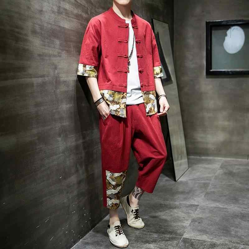 チャイナ風 シャツ メンズ リネン 夏 レトロ 漢服 スタンドカラー 五分袖 大きいサイズ ゆったり 上下セット 薄手 刺・墸 柄 赤 黒 グレー