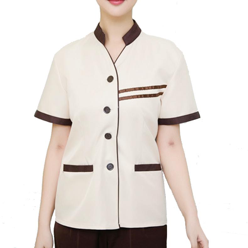 清掃 ユニフォーム レディース メンズ 作業服 ホテル 大きいサイズ 半袖 トップス スタンドカラー ボタン ポケット 上下セット パンツ ベージュ 青 グレー ライン