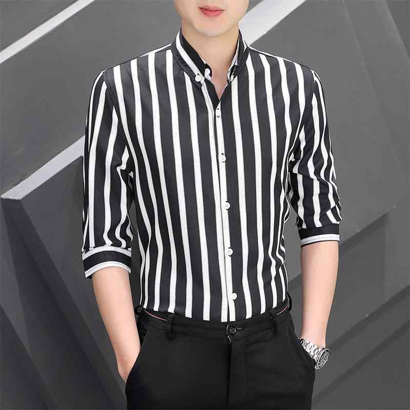 七分袖 メンズ シャツ 大きいサイズ 韓国 春夏 ボタンダウン 涼しい 薄手 ノーアイロン フィット ビジネス カジュアル おしゃれ ストライプ プリント