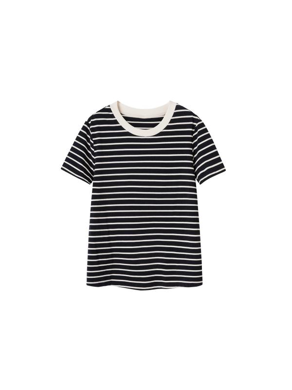 Tシャツ レディース おしゃれ 夏 半袖 ゆったり シンプル ボーダー 柄 ラウンドネック カジュアル 細見え