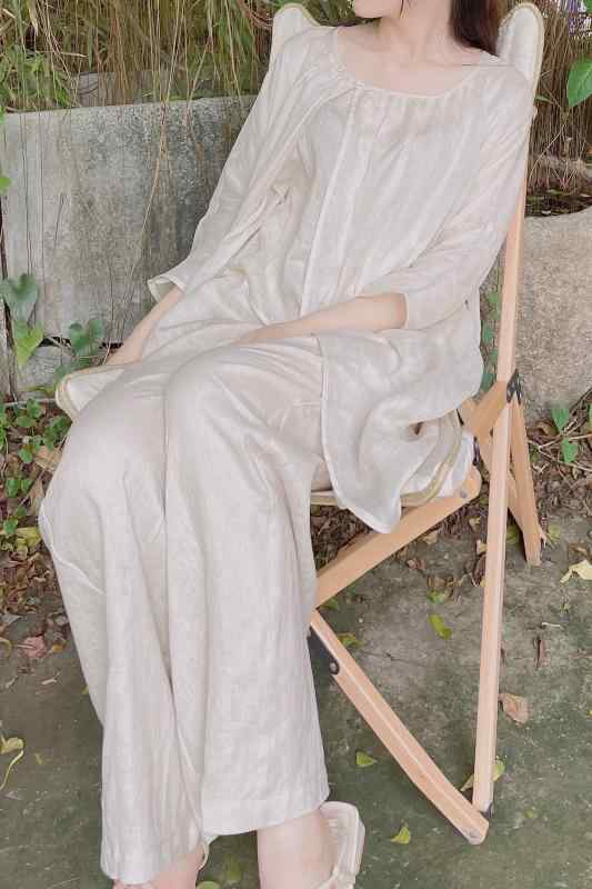 太極拳 服 レディース トップス 瀬戸もの風 レトロ 広広としたズボン下 リネン 薄っぺら 吸湿性 ホンブルグ帽 通気性 肌に人懐っこい お部屋お召しもの 伸び伸びする ベージュ