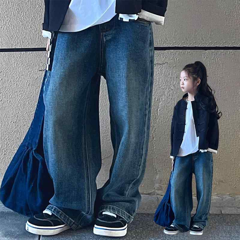 デニムパンツ ジーンズ キッズ 男の子 女の子 ワイドパンツ ガウチョパンツ ゆったり ルーズ オーバーサイズ 長ズボン ロングパンツ 春秋 韓国 おしゃれ かわいい カジュアル ストリートファッション 普段使い 通学 ブルー
