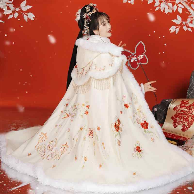 ケープ マント レディース 冬 アウター コート 羽織り ロング丈 フード付き ファー 刺繍 厚手 裏起毛 舞台 パフォーマンス 衣装 漢服 シンプル エレガント 赤 白 ベージュ 花柄|フロントップ店