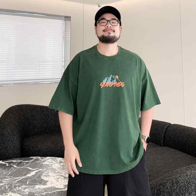 Tシャツ メンズ おしゃれ 大きいサイズ 半袖 グリーン プリント ゆったり 水ウォッシュ加工 ヴィンテージ風 夏 カジュアル｜フロントップ店