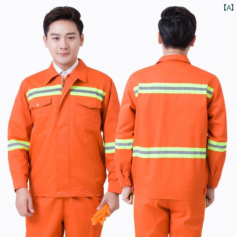 作業服 上下セット 工場 長袖 ポケット ジッパー ボタン シンプル 反射 春秋 メンズ レディース 耐摩耗性 厚手 労働 保護 自動車 修理 大きいサイズ オレンジ 赤 青