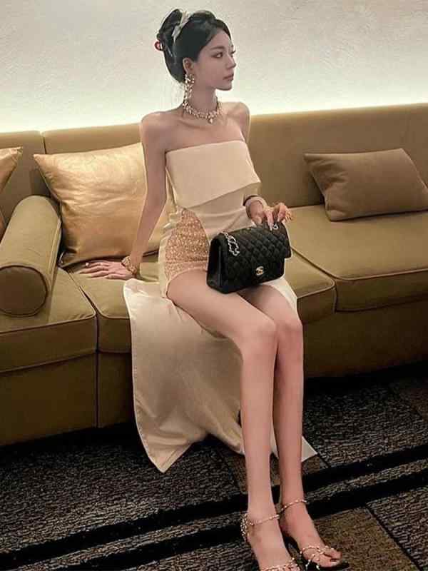カクテルドレス レディース 軽量 ベアトップ オフショルダー ミニ ロング アシンメトリー スカート セクシー スリムフィット 誕生日 婚約 パーティー ホワイト｜フロントップ店