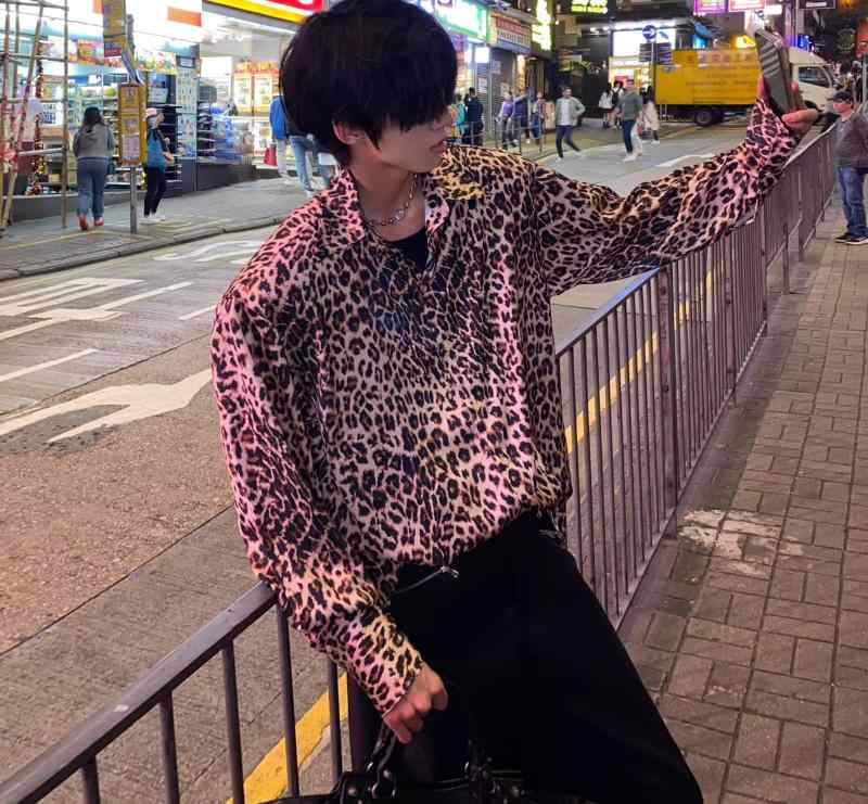 ヒョウ柄 シャツ 肩パッド レトロ 普段使い ゆったり かっこいい リゾート 旅行 カジュアル トップス 襟付き ストリート系 派手 ビックシルエット