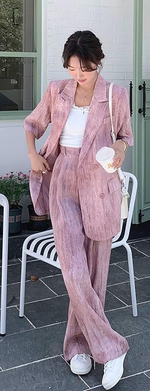 セットアップ 夏 レディース ワイドパンツ ハイウエスト スリム ヴィンテージ風 薄手 半袖 ジャケット シンプル カジュアル スタイリッシュ ピンク|フロントップ店
