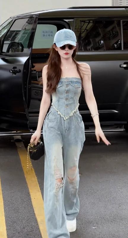 セットアップ デニム レディース 夏 ロングパンツ ワイドレッグ ダメージ加工 カットオフ チューブトップ 個性的 カジュアル セクシー 青|フロントップ店