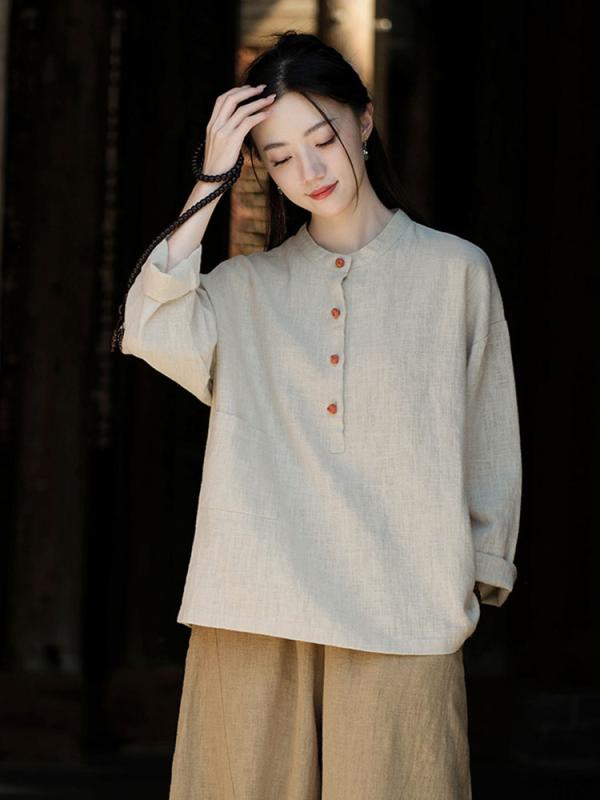 瞑想 坐禅 服 レディース 中国風 リネン 通気性 ゆったり スタンドカラー セットアップ 長袖 バルーンパンツ ヨガ エステ シンプル エレガント 緑 紫 黒