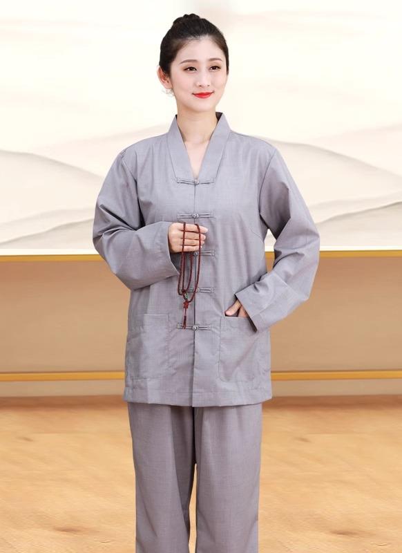 瞑想 坐禅 服 ユニセックス 中国風 春夏 薄手 唐装 中国風 中国風 セットアップ 刺繍 チャイナボタン スタンドカラー Vネック 僧侶 修行 仏教 ヨガ 太極拳 シンプル グレー