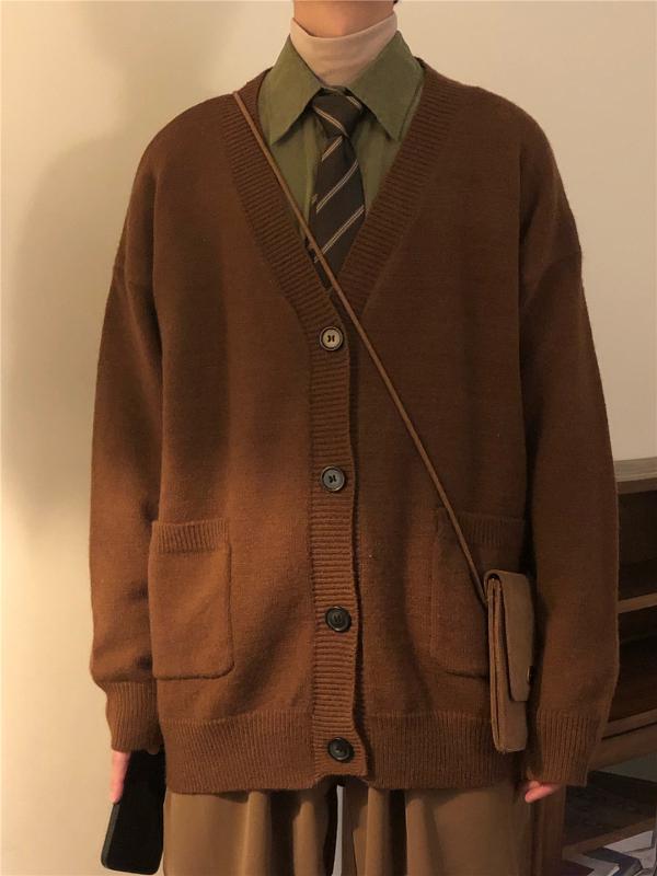 カーディガン メンズ 秋冬 長袖 Vネック ボタン ポケット ニット セーター ゆったり アメリカン レトロ シンプル おしゃれ 茶色 アプリコット｜フロントップ店