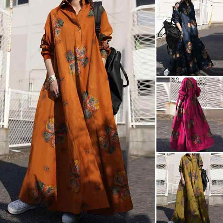 エスニック ファッション 大人 女性 レディース マレーシア 服 綿 レトロ ルーズ ゆったり 長袖 ローブ アラブ Aライン スカート ワンピース ロング 大きいサイズ 黄 赤 紺
