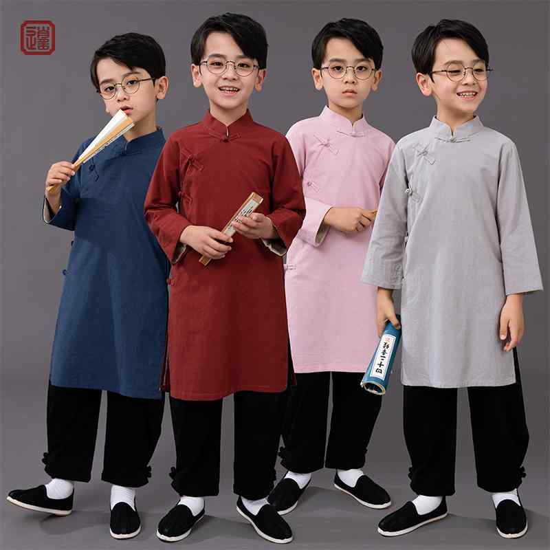 中国 漢服 男 女 子供 キッズ 夏 薄い 袖 ロング シャツ ズボン ブラック スーツ 綿 リネン 朗読 パフォーマンス 唐 衣装 ローブ 90ｃｍ 120ｃｍ 160ｃｍ ネイビー レッド グレー