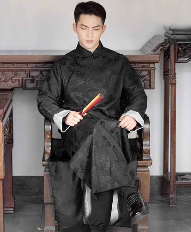 中国 漢服 男 チャンパオ ロング ガウン メンズ ジャカード ダーク パターン ローブ マンダリン スタンド カラー ドラマ キャンパス 衣装 M L 3XL 茶色 黒