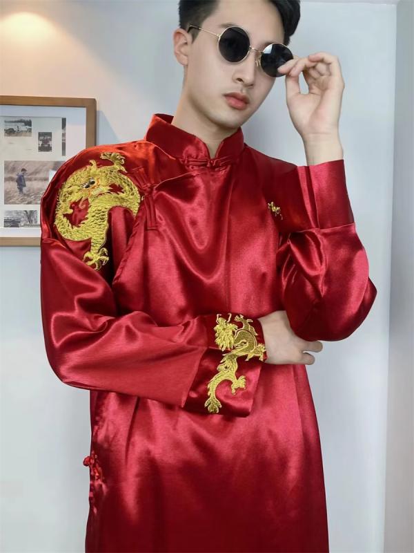 中国 漢服 男 チャンパオ ロング ガウン メンズ 花婿 付添人 兄弟 春 秋 マンダリン ウェディング レトロ 刺繍 ポリエステル 160ｃｍ 175ｃｍ 190ｃｍ ブラック レッド