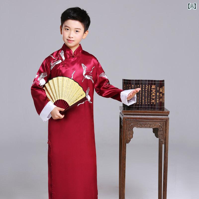 中国 漢服 男 チャンパオ ロング ガウン メンズ レディース 子供 キッズ 衣装 鶴 扇子 ダンス 幼稚園 パフォーマンス ポリエステル 100ｃｍ 130ｃｍ 160ｃｍ レッド グリーン パープル
