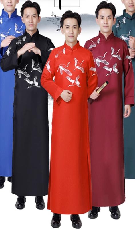 中国 漢服 男 チャンパオ ロング ガウン メンズ レディース 春 秋 長袖 唐 レトロ 民族 衣装 女性 鶴 150ｃｍ 170ｃｍ 190ｃｍ 黒 青 緑