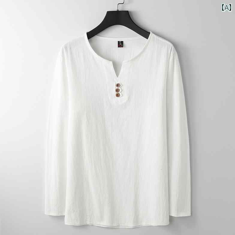 リネンシャツ メンズ Tシャツ 長袖 半袖 薄手 Vネック スリット ボタン スタンドカラー 丸首 ゆったり 大きいサイズ 綿麻 トップス 夏 春秋 シンプル カジュアル 白 黒 青