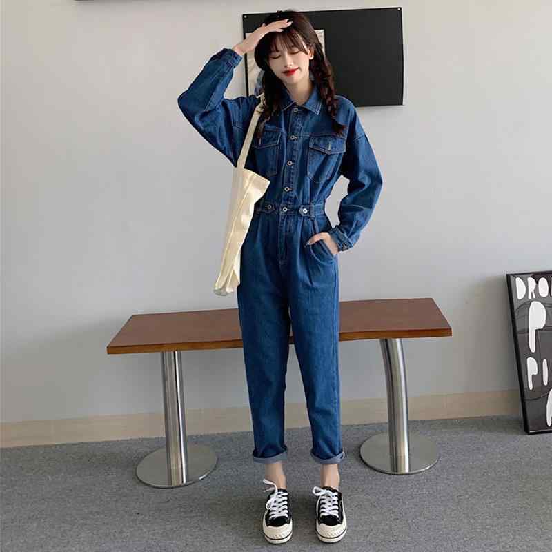 オールインワン レディース デニム 春秋 長袖 ロング丈 ポケット ボタン ハイウエスト 体型カバー ソフト 通気 つなぎ カジュアル シンプル 青 大きいサイズ｜フロントップ店 6,240円