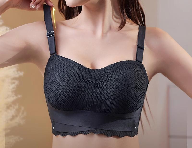ストラップレスブラ 紐なし ブラ 下着 女性用 レディース 滑り止め 大きいサイズ フロントホック チューブトップ 取り外し 夏 柔らかい メッシュ 無地 シンプル ベージュ 白 黒