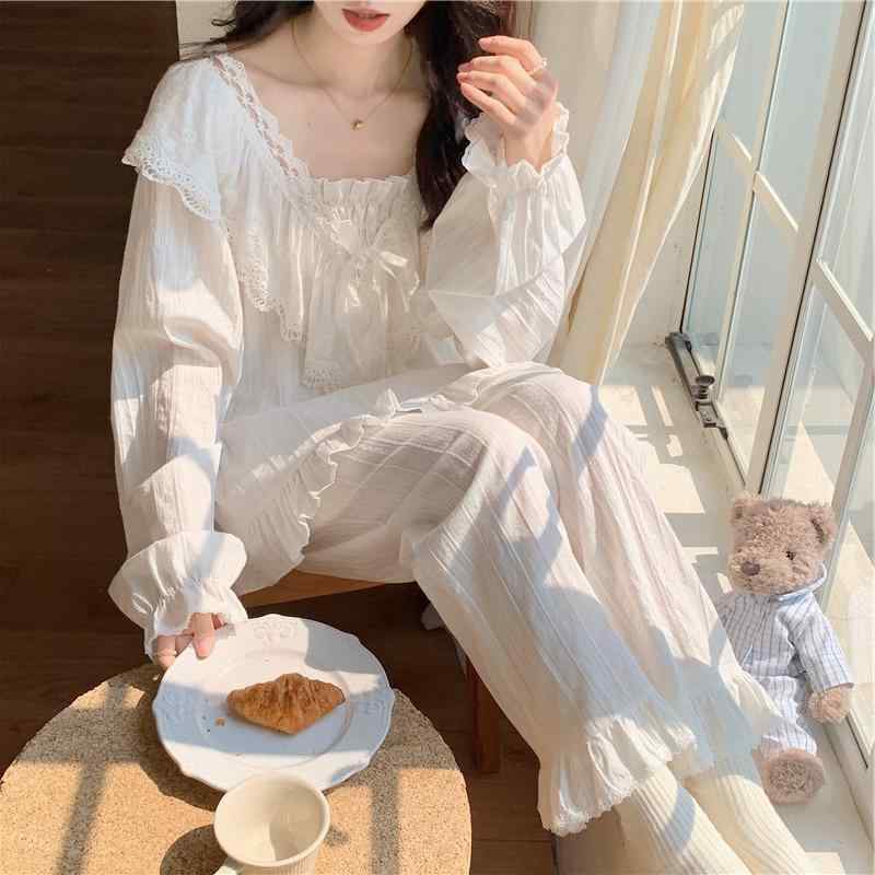 ネグリジェ 姫 可愛い パジャマ レディース 春秋 婦人服 レース 宮廷 Vネック ロングパンツ ズボン 長袖 白 大きいサイズ M L XL かわいい