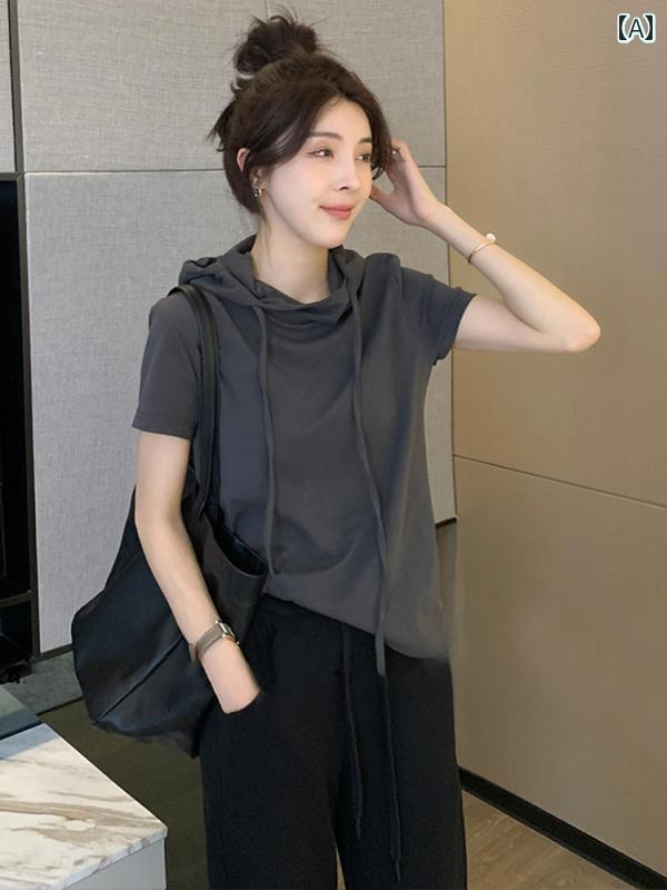 パーカー 半袖 レディース おしゃれ 夏 フード Tシャツ ゆったり 薄手 プルオーバー トップス 普段着 お出かけ カジュアル シンプル グレー 白
