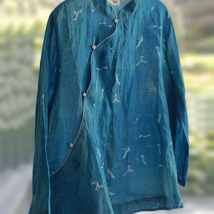 チャイナ 襟 シャツ レディース 柔らかい トップス 斜め 漢服 レトロ エスニック 禅 夏 スタンドカラー 鳥 ボタン ミセス 普段使い 薄手 旅行 パンツ グレー 青